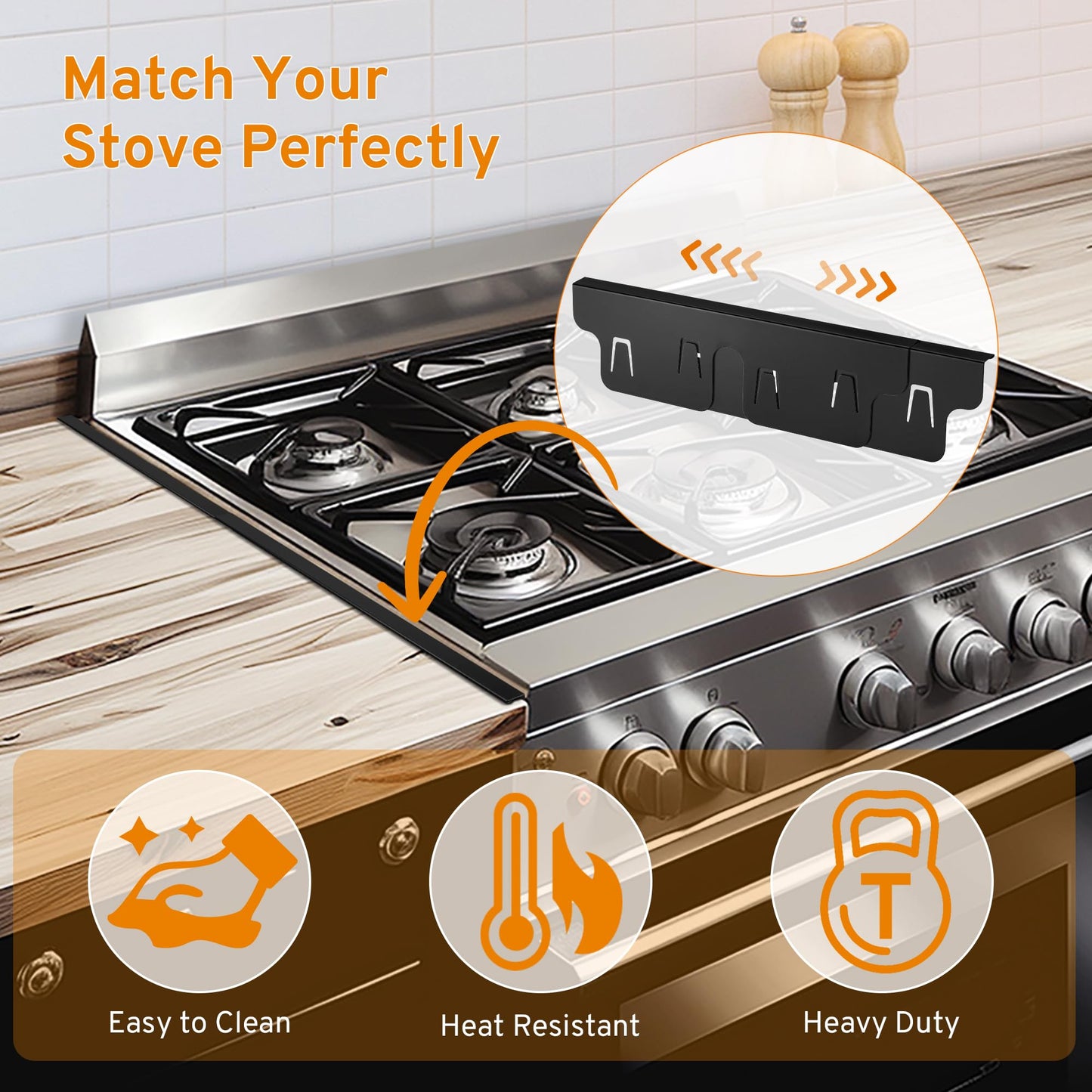 Stop Spills & Crumbs! Stainless Steel Stove Gap Covers (2 Pack) | Heat-Resistant Filler for Gas Stoves & Ovens | Adjustable 13.8" to 27.5" | Non-Slip, Easy Clean, Tool-Free Install (Black)