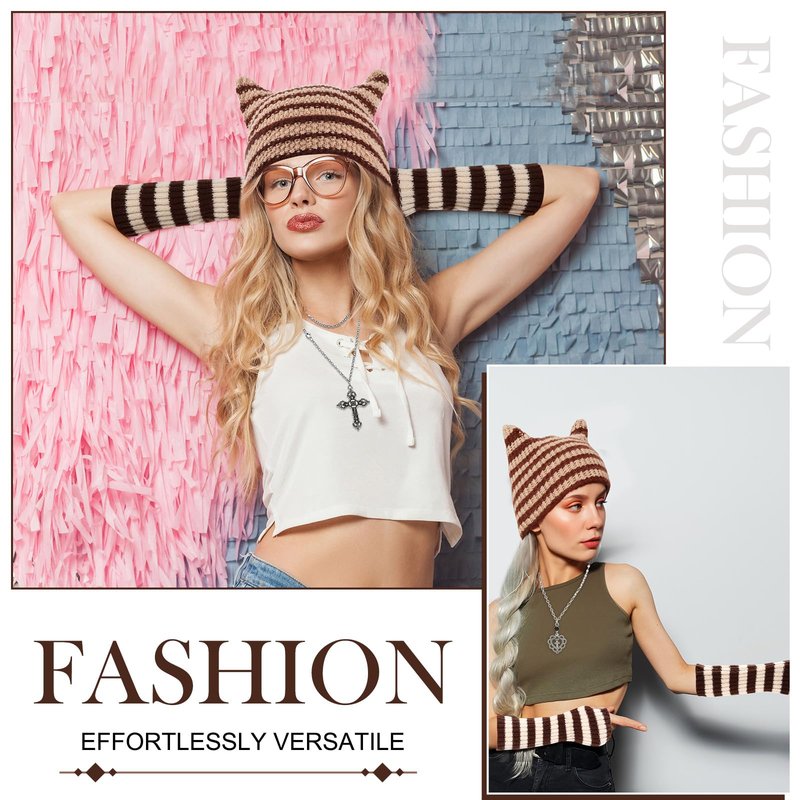 Mepase 8 Pcs Y2k Grunge Cat Beanie with Therian Leg Covers, Emo Gothic Fingerless Knitted Gloves and Necklace