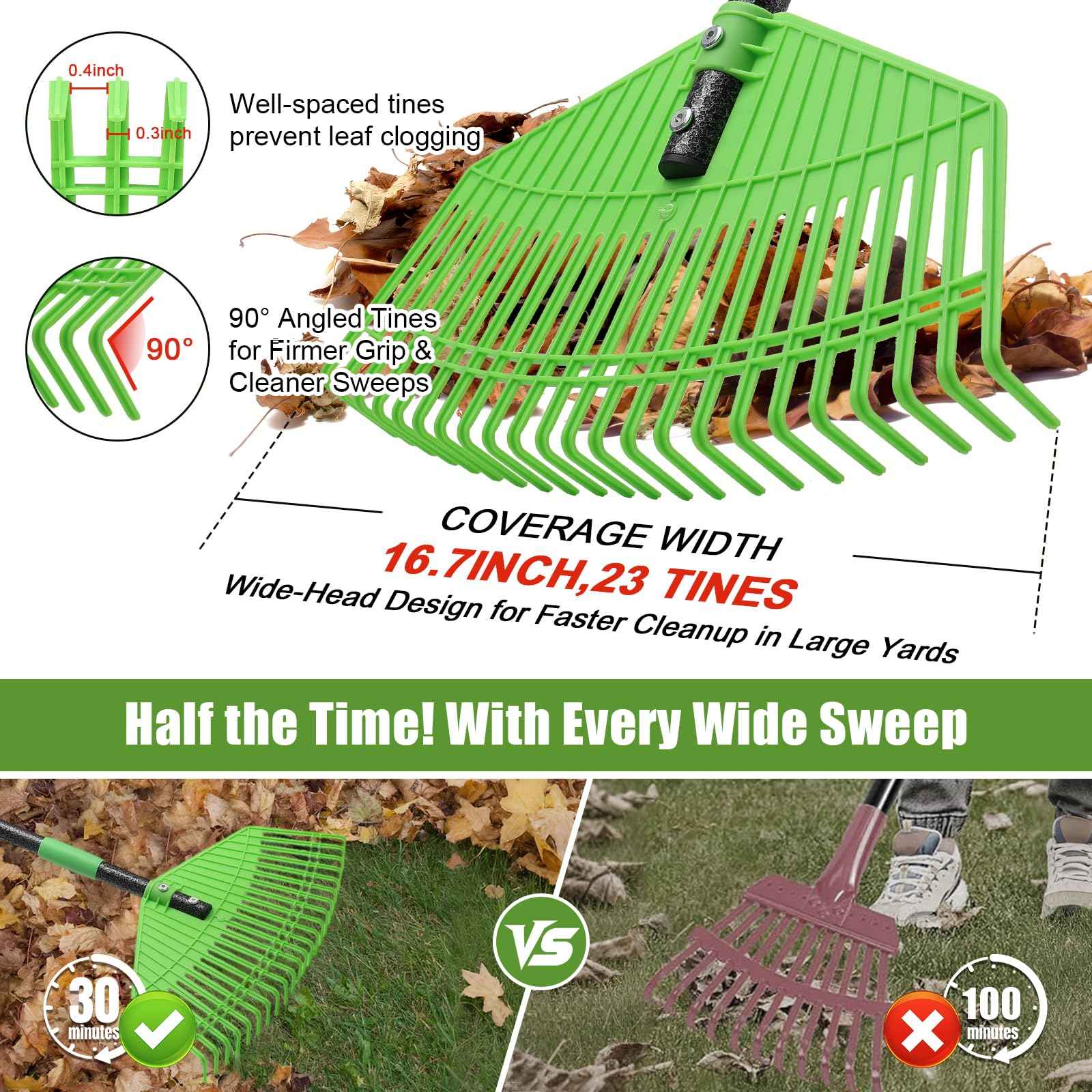 Poly Garden Rake for Leaves - 16.5'' Plastic Leaf Rake for Yard Lawn, 75'' Adjustable Outdoor Heavy Duty Rakes for Sweep Leaves,Grass, Pine Needle,Lightweight Long Handle for Women Seniors Kids