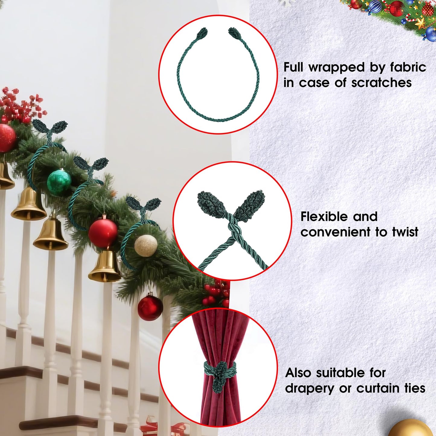 Christmas Garland Ties, 16Pcs 20in Garland Twist Ties for Banister, Reusable and Flexible Decorative Twist Tie for Home Decorations and Holiday Craft Gift Wrapping - Green