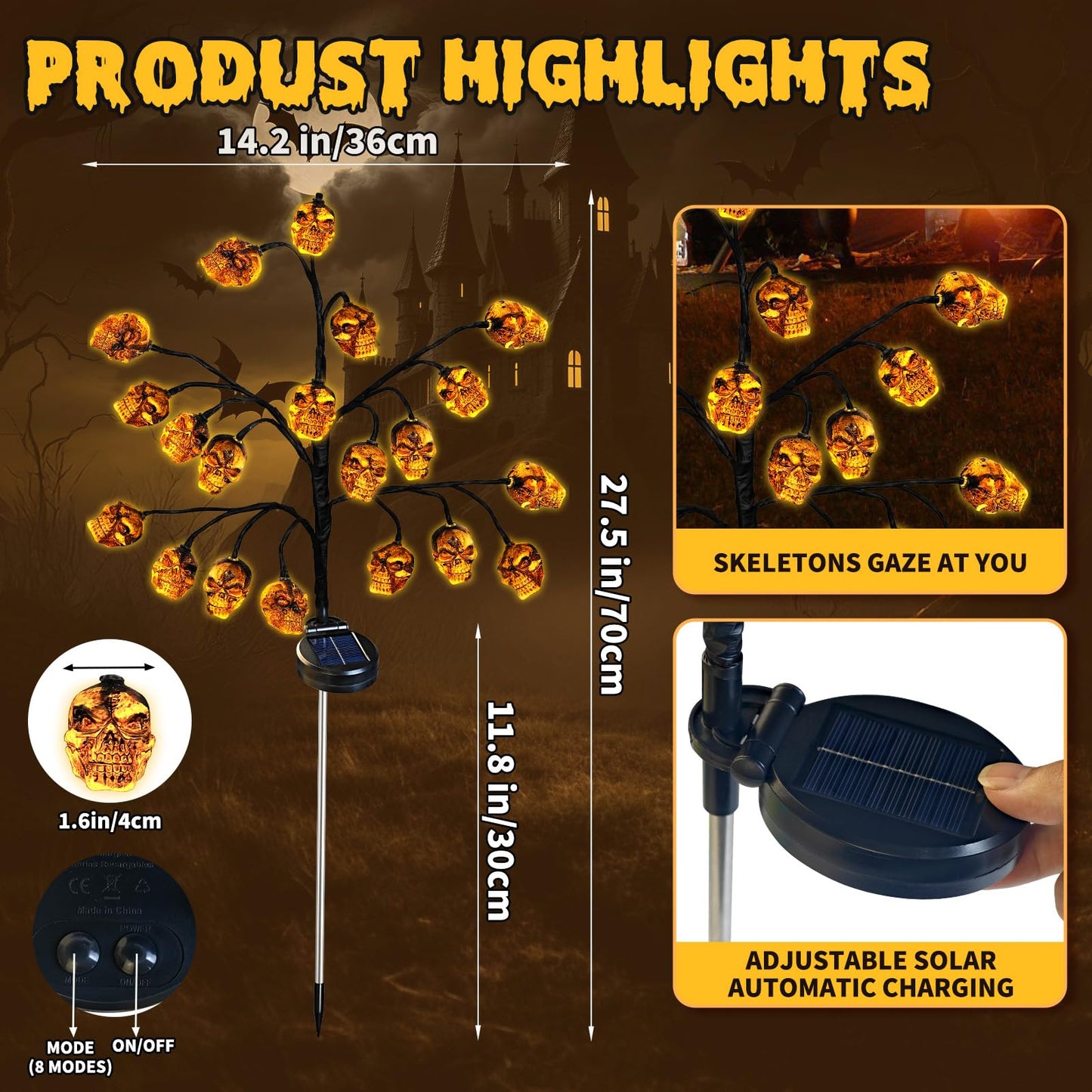 Evoio Halloween Outdoor Decorations Solar Lights - 8 Modes | 20 LED Skull Lights for Outside Halloween Decor, Skeleton Skull Lighting Stake for Garden, Patio, Yard, Lawn, Proch, Pathway Decorations