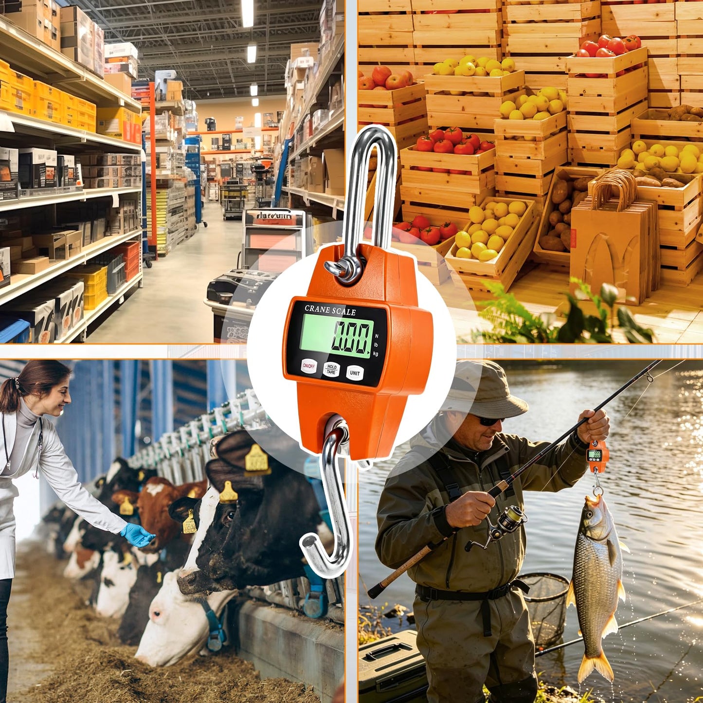 Digital Hanging Scale, 1100lb/500kg Handheld Crane Scale, Small Crane Scale with LCD Display and Hooks, Aluminum Alloy Body for Hunting, Outdoor, Luggage, Farm (Orange)