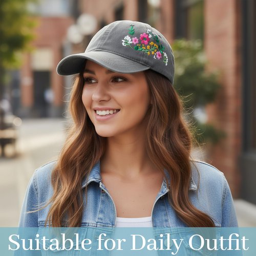 HOVEOX Flower Baseball Cap Embroidered Hat Baseball Cap Women's Hats Trendy Embroided Flower Gift for Woman Grey