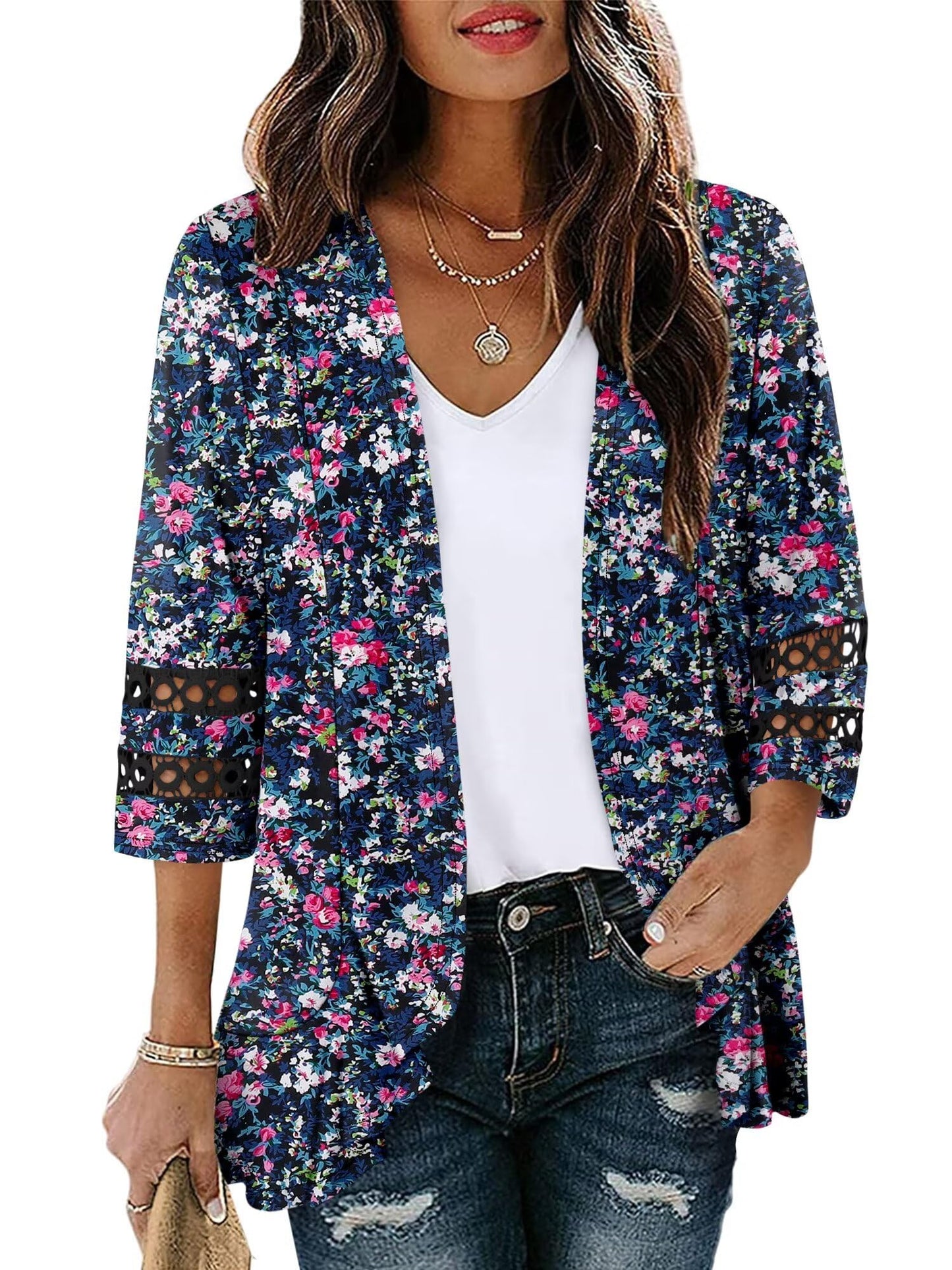 Magritta Flowy 3/4 Sleeve Cardugans Women's Cardigan for Weekend Outing - Blue Floral (L, Cherry)