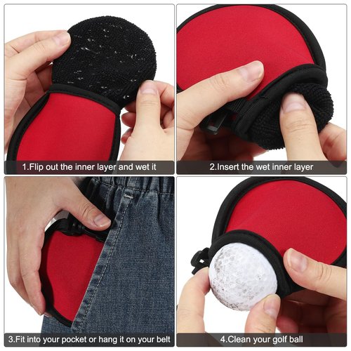 PATIKIL Golf Ball Washer Pouch, 4 Pack Portable Golf Balls Cleaner Pocket Bag with Hanging Clip for Women Men Golf Exercise, Black