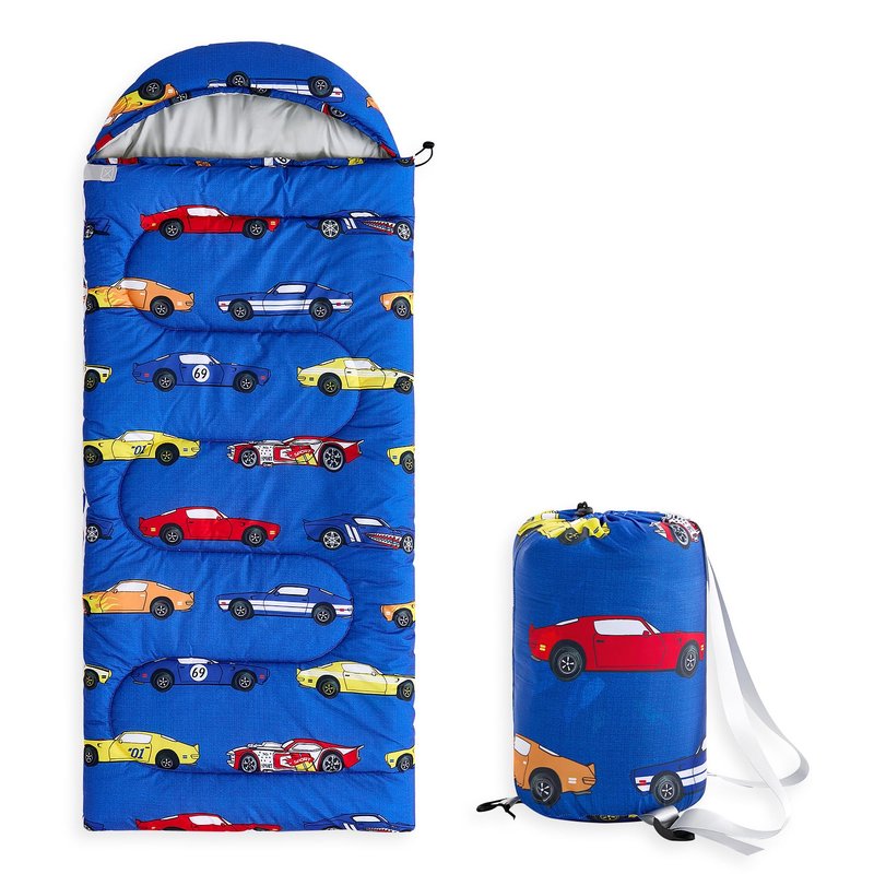 Wake In Cloud - Kids Sleeping Bag for Boys Toddlers, Camping in Warm Cold Weather, Backpacking Lightweight Compact Outdoor Liner for 3 Seasons, Race Cars Vehicles, Blue