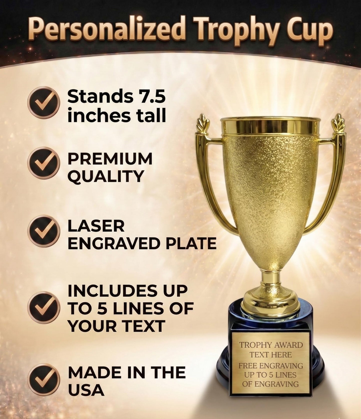 Personalized Trophy Cup with Custom Engraved Plate – 7.5" Gold Award Cup Trophy – Custom Engraving for Team Awards, Sports Tournaments, Employee Recognition