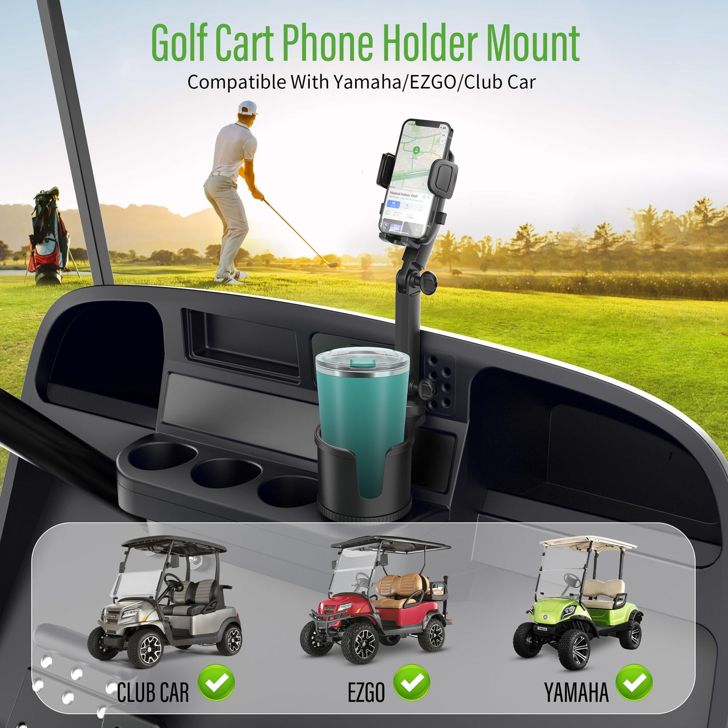 10L0L Updated ABS Golf Cart Cup Holder with Mobile Phone Holder Mount Compatible with Yamaha, EZGO, Club Car Golf Cart Model, 360° Rotatable Stand/One Click to Secure & Release/Expandable