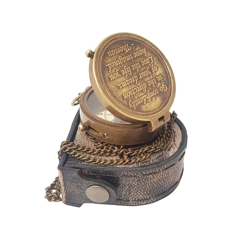 Hanzla Collection - Brass Compass Engraved with Thoreau's Go Confidently Quote and Stamped Leather Case, Boys Gifts