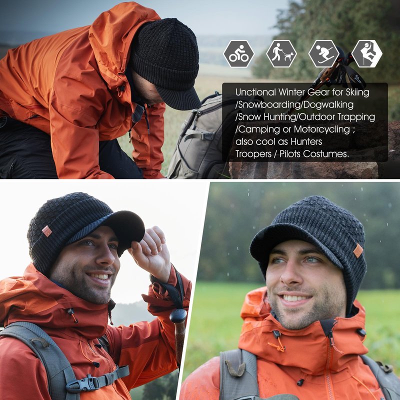 TOP-EX Waterproof Visor Beanie Hat for Men Winter Knit Skull Stocking Cap with Brim Women, Merino Wool & Fleece Lined & Water Proof Headwear for Cold Weather Gray M/L