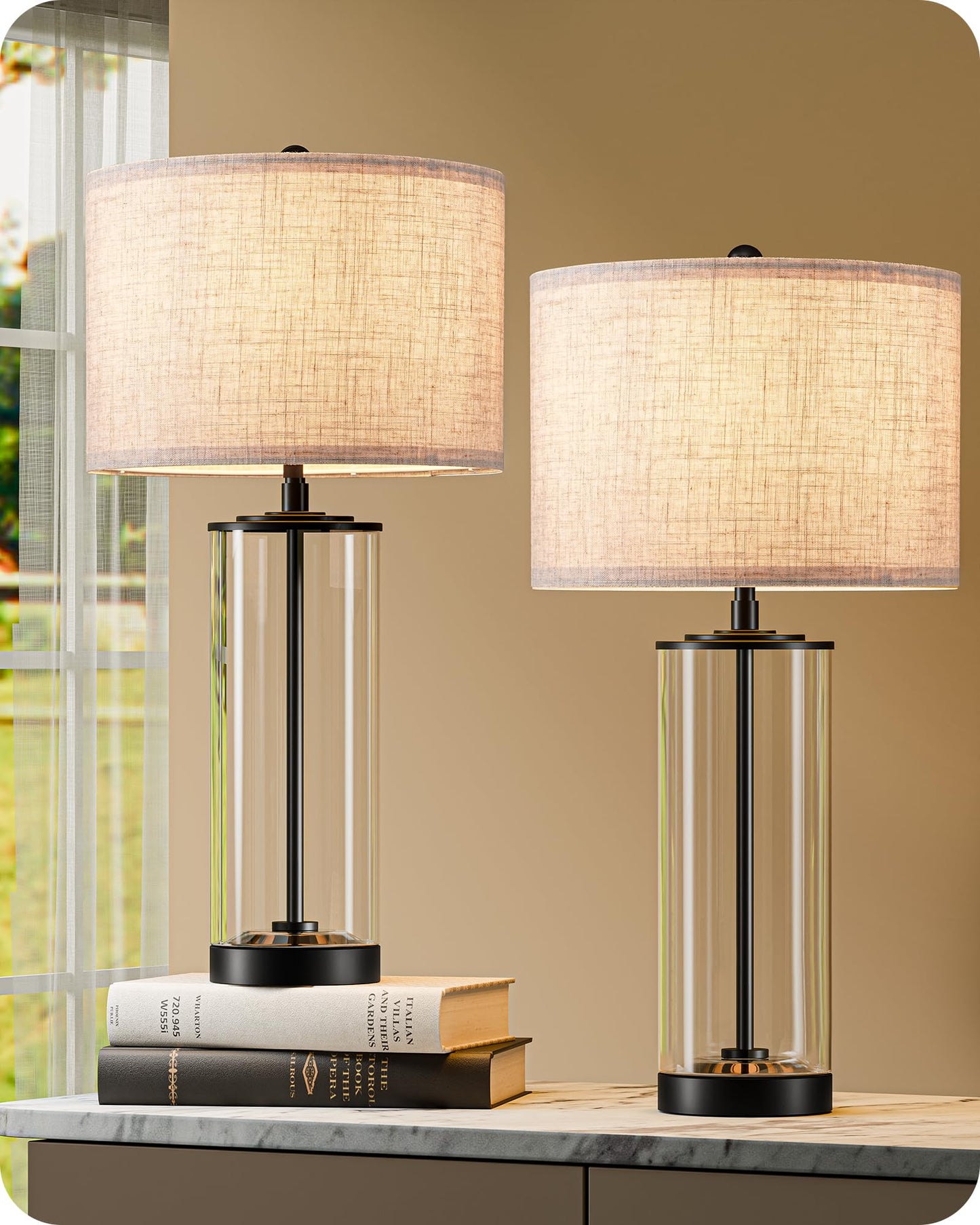 EDISHINE 23.6" Glass Table Lamp Set of 2, DIY Refillable Bedside Lamp with Linen Lampshade & Rotary Switch, E26 Base, Nightstand Light for Living Room, Bedroom, Office