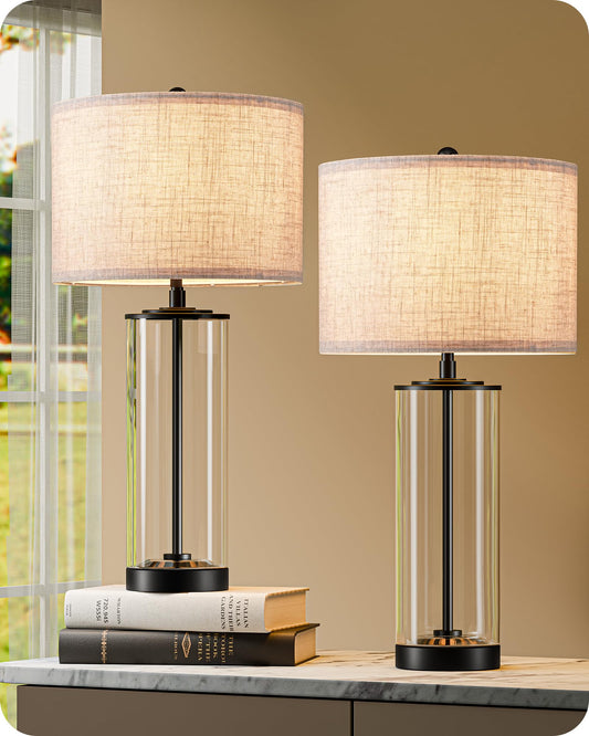 EDISHINE 23.6" Glass Table Lamp Set of 2, DIY Refillable Bedside Lamp with Linen Lampshade & Rotary Switch, E26 Base, Nightstand Light for Living Room, Bedroom, Office
