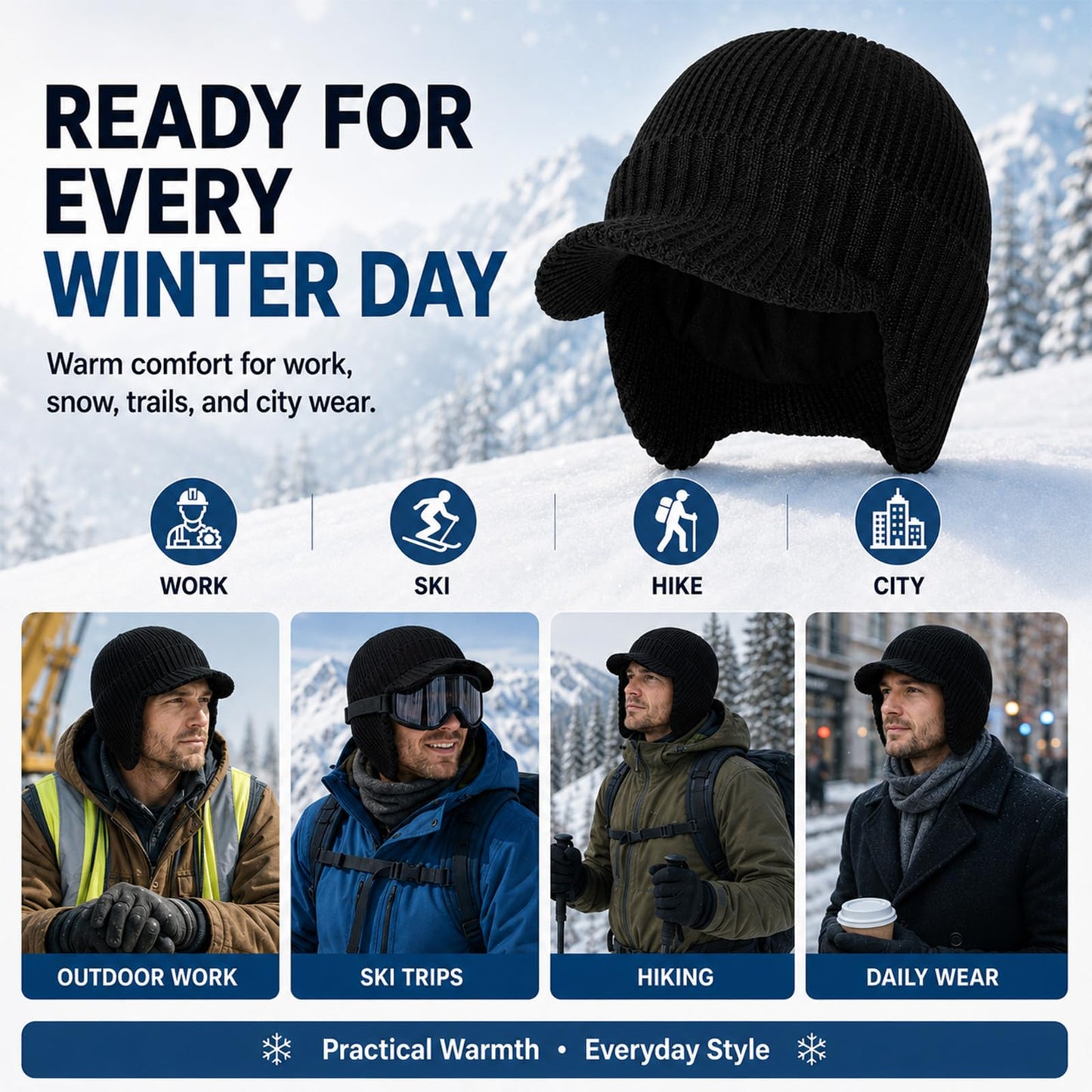 M/L/XL/XXL Waterproof Merino Wool Brim Beanie for Men with Ear Flap, Outdoor Warm Fleece Lined Knit Winter Hat for Big Heads