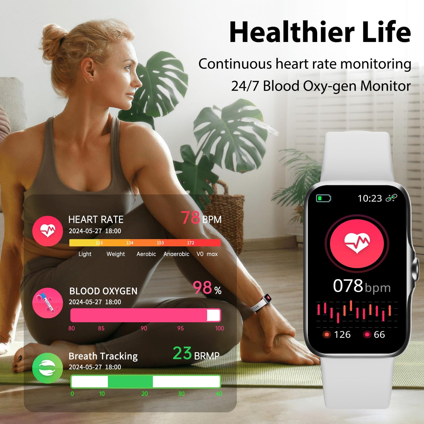 Fitness Tracker with 24/7 Continuous Heart Rate, Blood Oxy-gen Monitor, Smart Watch with Sleep Monitor, IP68 Waterproof Activity Tracker Step Counter for Women Men (Gray)