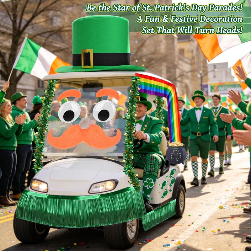 Tryly St. Patrick’s Day Golf Cart Decoration Kit, Giant Leprechaun Hat with Big Eyes & Beard, Rainbow Banner, Pot of Gold, Green Tinsel Curtain & Footprint Stickers for Irish Parade & Party Supplies
