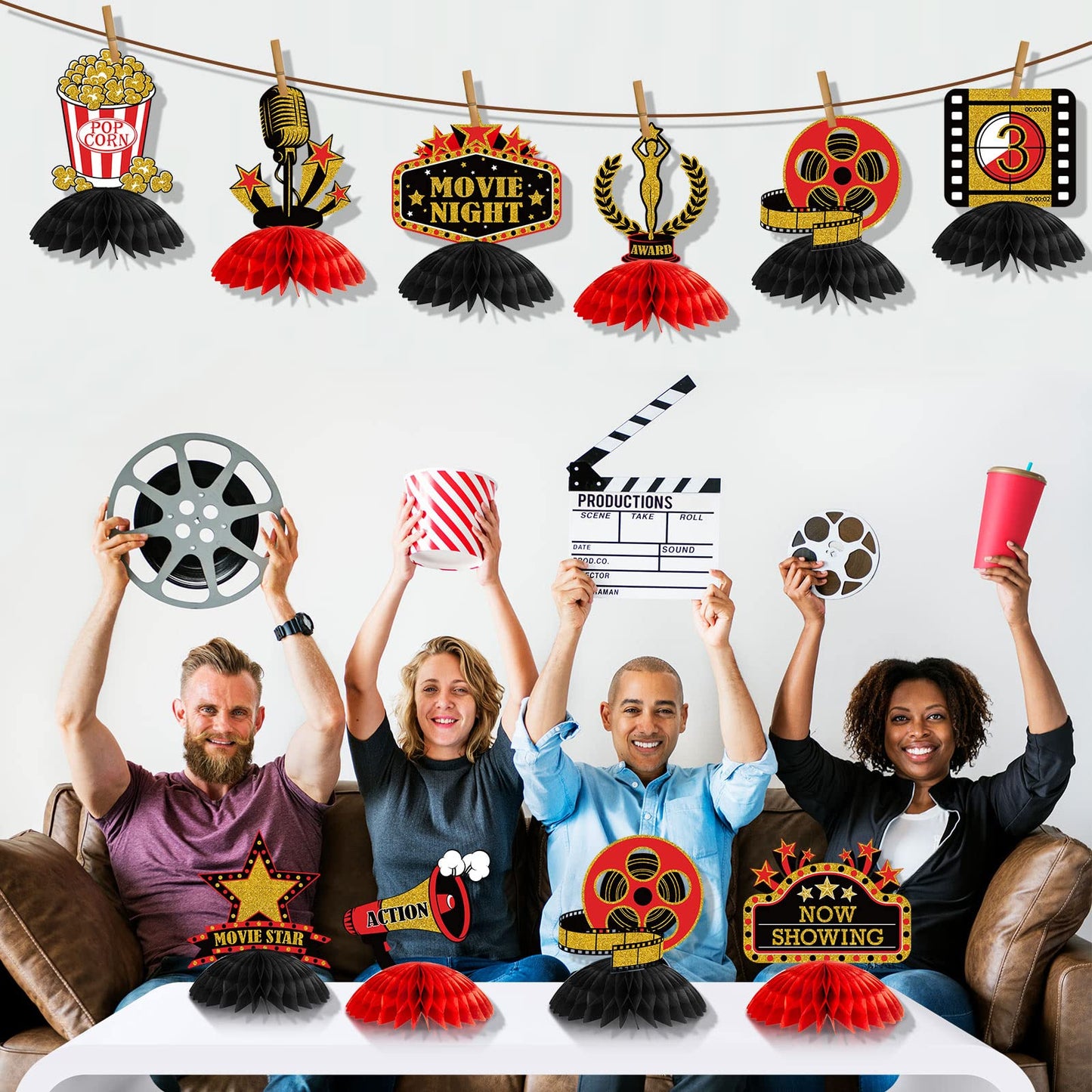 Pajean 12 Pieces Movie Night Party Decorations Supplies Movie Theater Centerpiece Honeycomb 3D Ticket Popcorn Star Table Topper Decor for Birthday Party Favors(Red)