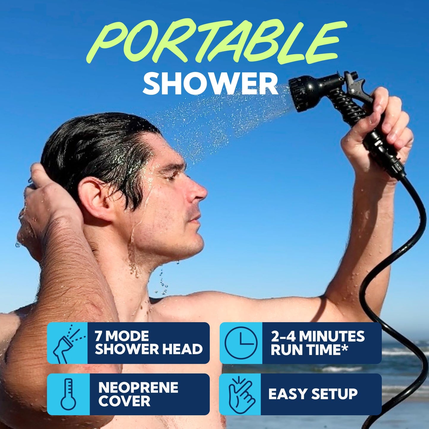 SUN NINJA Portable Shower, 2.1Gal Camping Shower with 7 Mode Shower Head, Neoprene Cover Helps Keep Water Warm, High Pressure Hose, Easy to Carry, Multi-Color