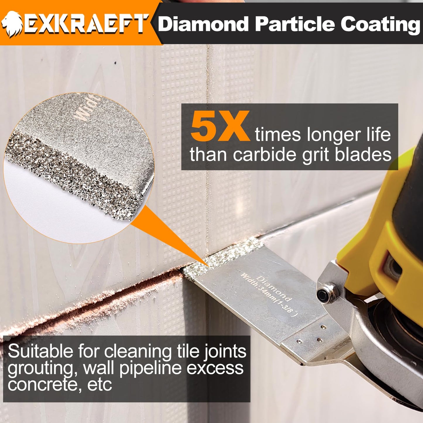 EXKRAEFT 5 PCS Grout Remover Tool Blades for Grout Removal Tile Mortar Concrete Masonry, Multi Tool Grout Removal Blade, Diamond Oscillating Tool Blades Fit Dewalt Milwaukee Ryobi Rockwell Fein