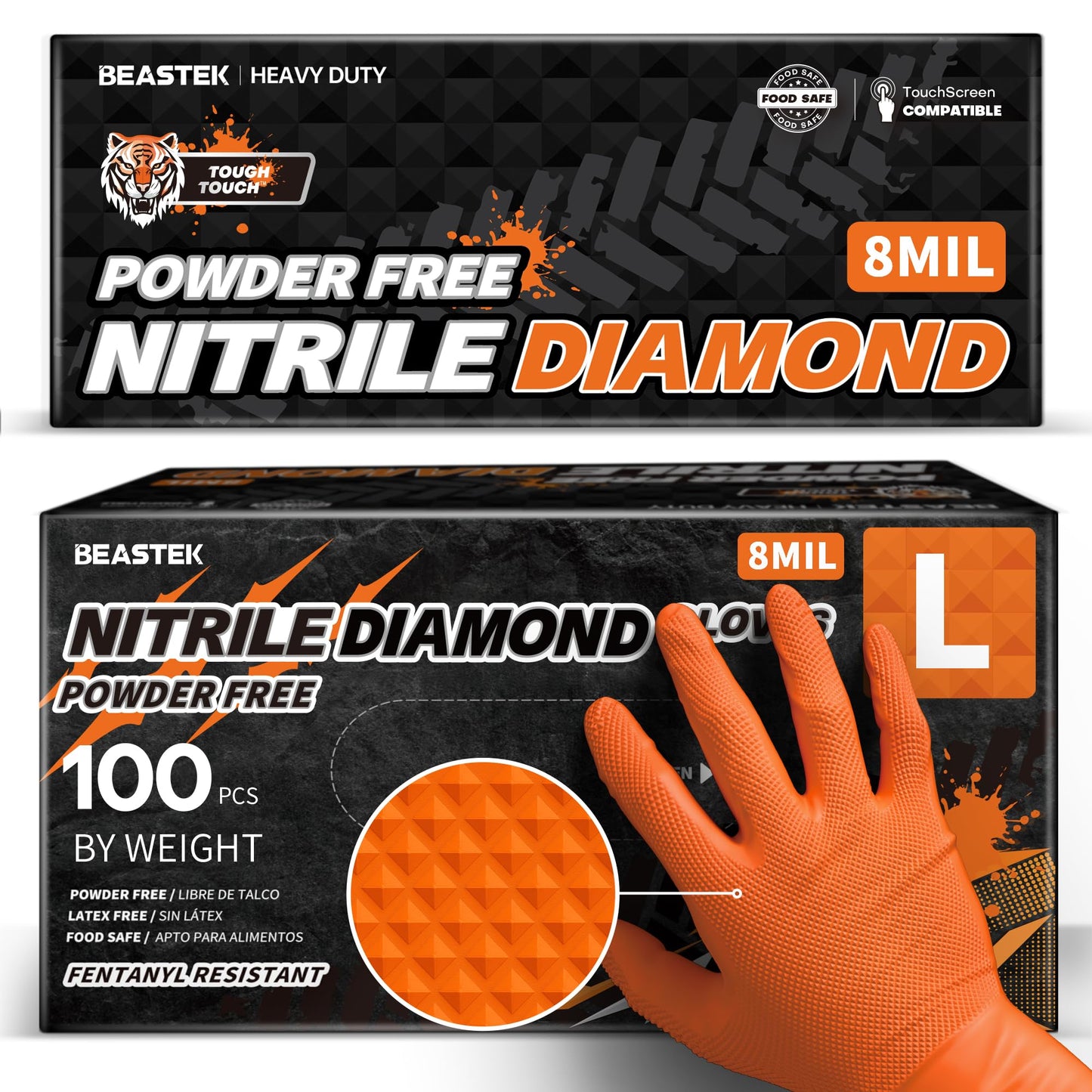 Beastek Nitrile Disposable Gloves, 8Mil Latex & Powder Free Chemical Resistant Heavy Duty Cooking Diamond Glove Orange 100Pcs (Large)