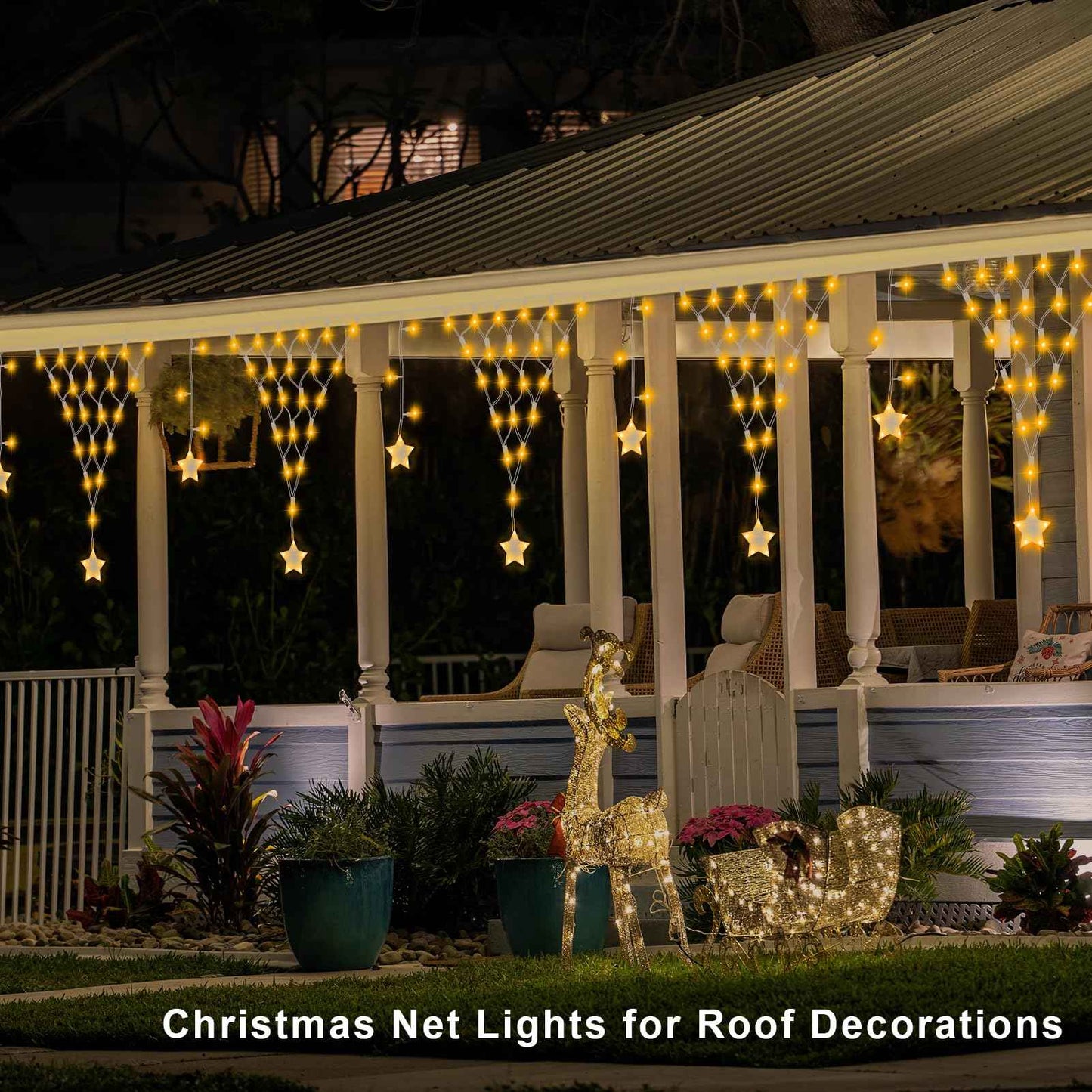 DBFAIRY Christmas Net Lights,196 LED 13.1x1.9Ft Waterproof Outdoor Christmas Lights Net Mesh Light Mains Powered Timer Built in LED Net Light Holiday Decor for Balcony Fence Roof Railing Wall