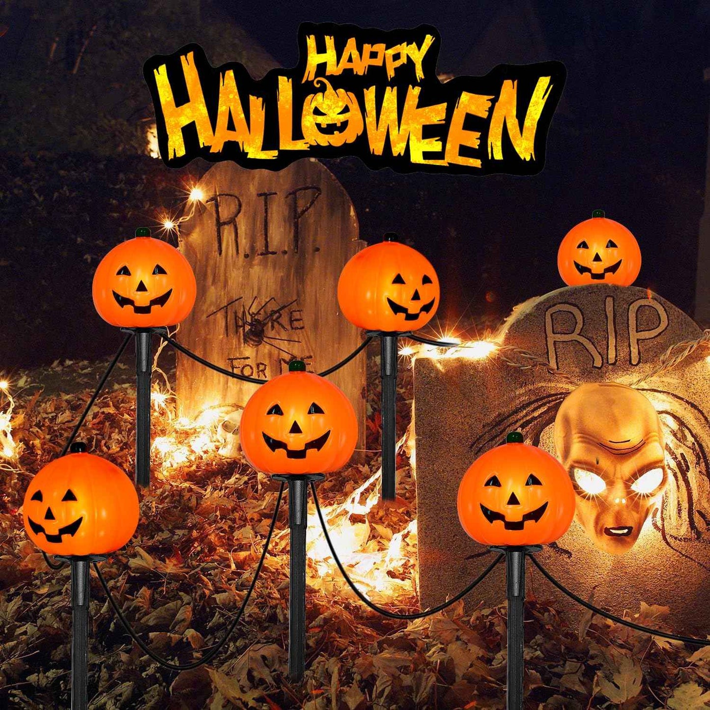 7Ft Halloween Pathway Lights Pumpkin Walkway Lights Markers Lights Plug in Waterproof with 4 Pack LED Pumpkin Path Lights, for Halloween Decorations Outdoor Yard Path Camping Lighting Decor, 0.6W
