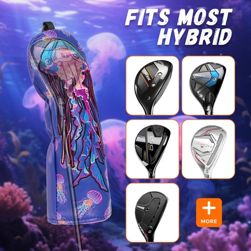 LZFAN Golf Club Head Covers Driver Fairway Wood Hybrid Golf Club Headcover Leather Protector Heavy Embroidered Colorful Jellyfish (Hybrid)