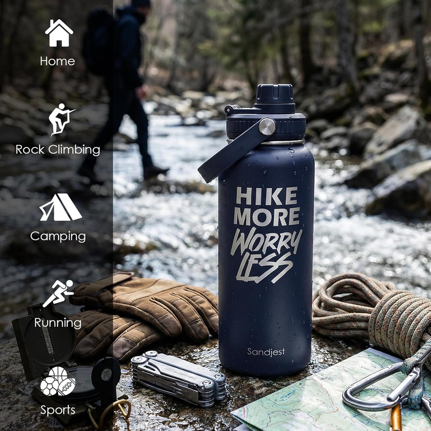 SANDJEST Insulated Stainless Steel Water Bottle - 32oz Vacuum Chug Lid for Hiking | Perfect Gift for Outdoor Enthusiasts