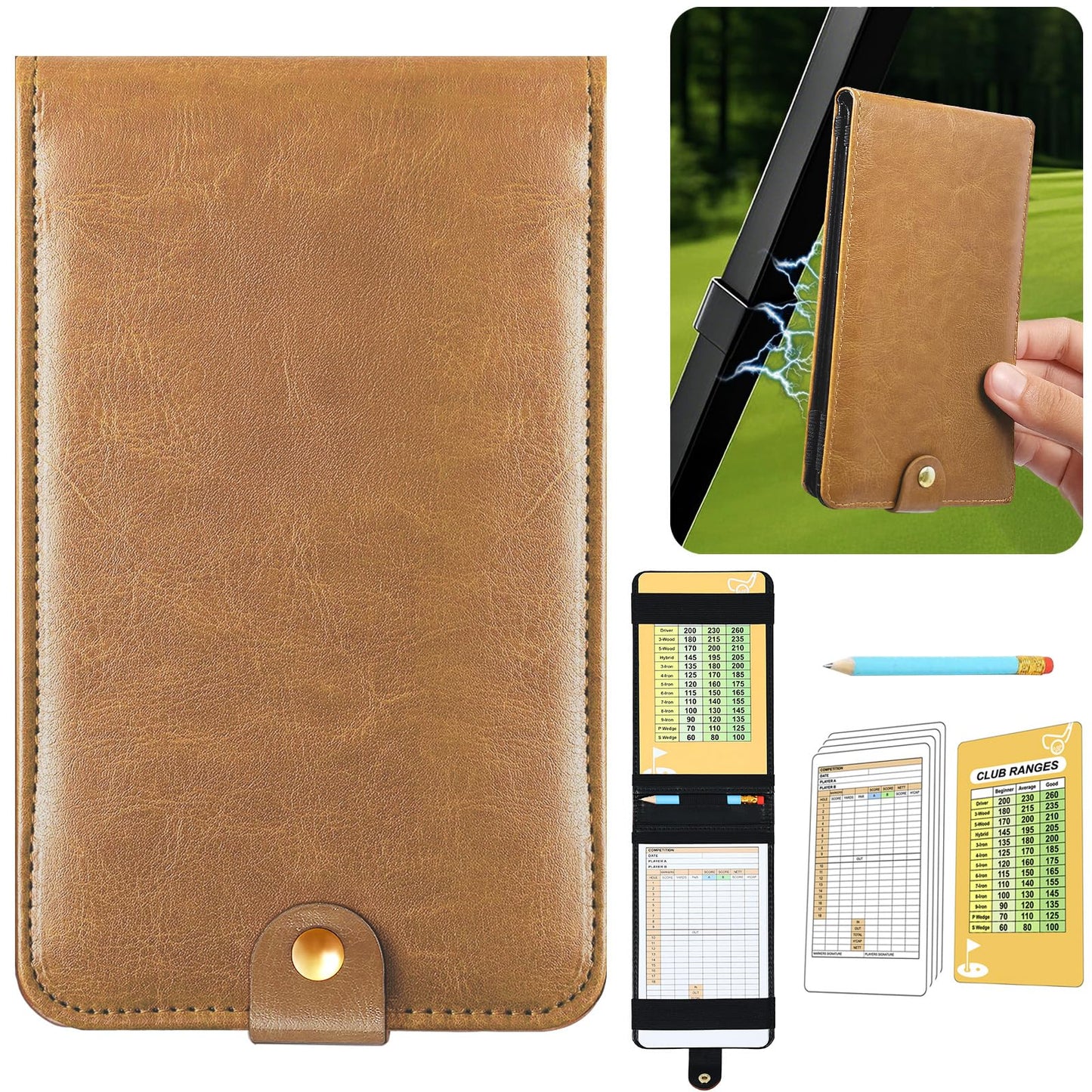 Femlotank Magnetic Golf Scorecard Holde, Premium Leather, All-in-One Design, Gold Club Bag Accessories, Universal Fit for Most Scorecards, Slim Profile for Back Pocket Carry (Beige)
