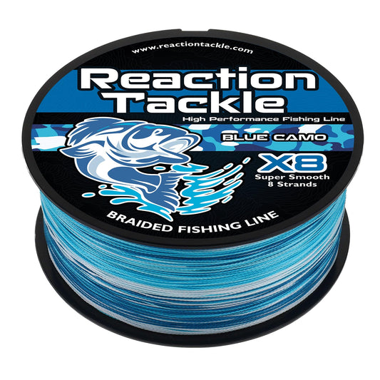 Reaction Tackle Braided Fishing Line - Pro Grade Power Performance for Saltwater or Freshwater Fish - Colored Fishing Line Braid for Extra Visibility - X8 Blue Camo 40 Lb (500 Yards)