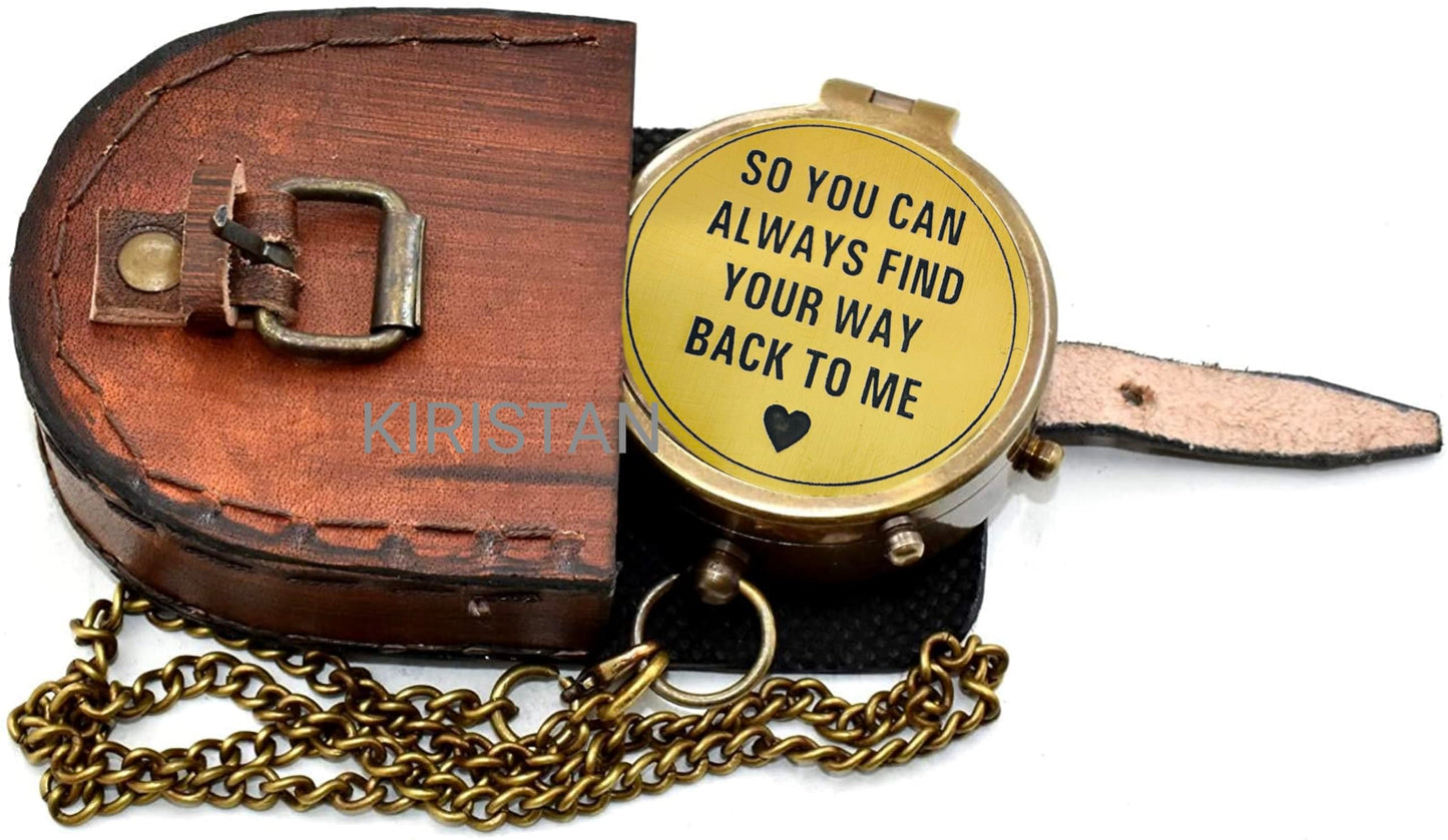 “So You Can Always Find Your Way Back Home” Engraved Pocket Compass with Leather Case – Vintage Brass Hiking & Camping Compass, Inspirational Birthday Gift for Him or Her