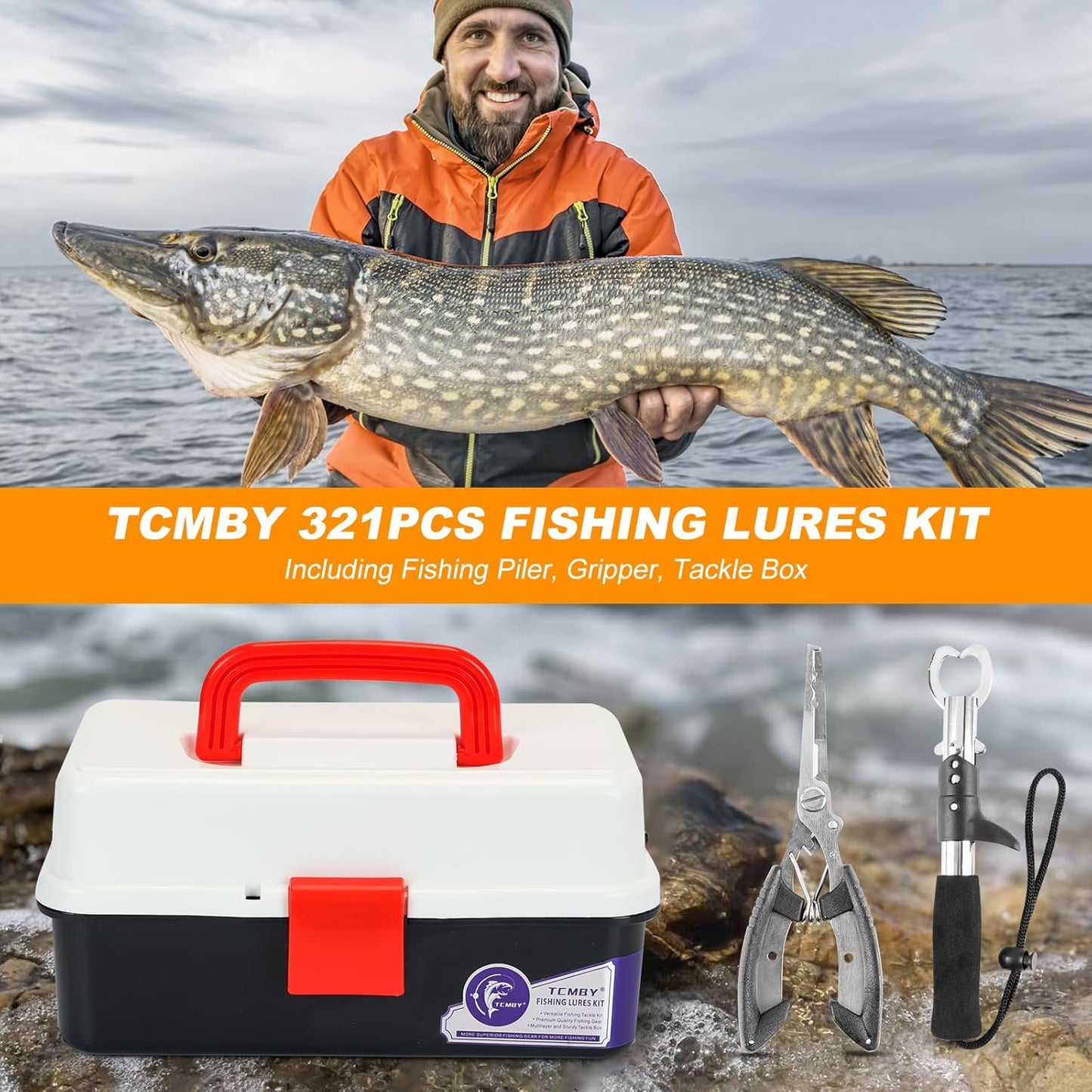 TCMBY Fishing Tackle Box - 3 Layers with 321Pcs Lures, Pliers, Hooks & Accessories | Freshwater Gear (White/Black)