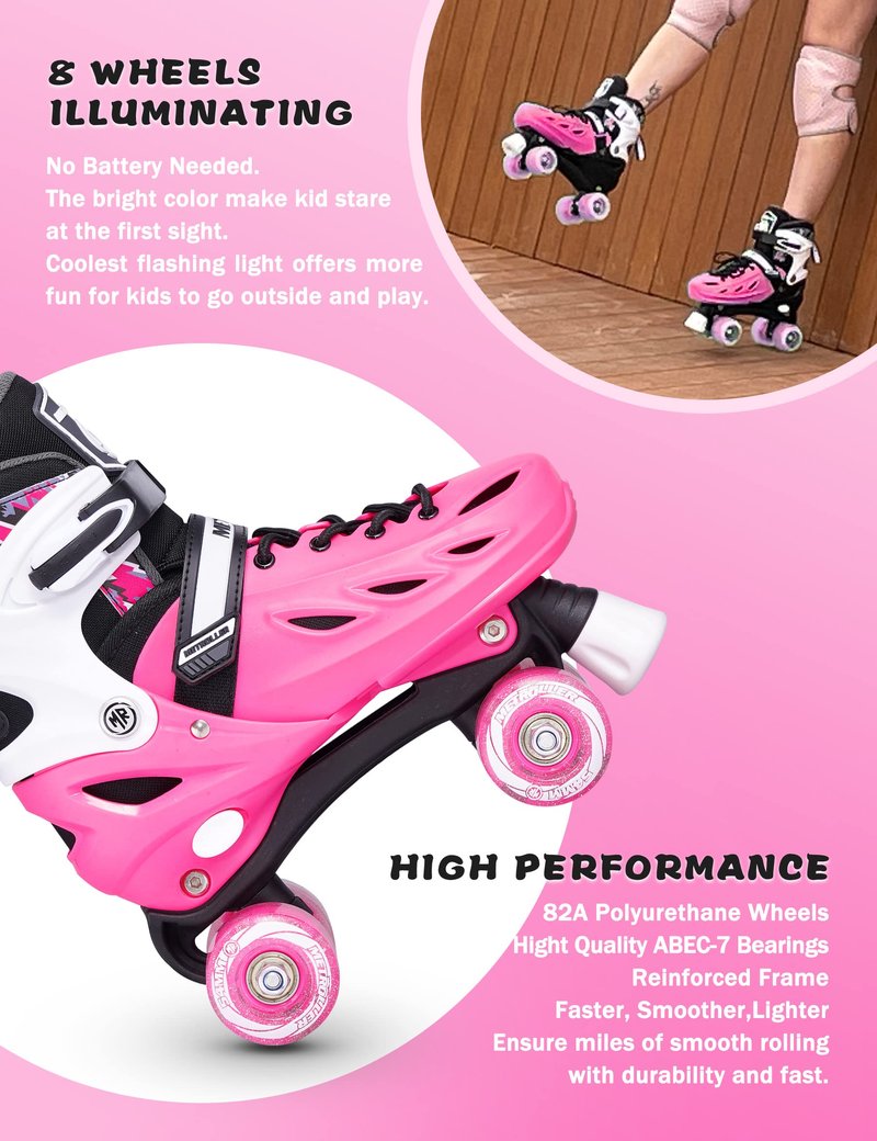 METROLLER Roller Skates for Girls Ages 5-8 8-12 and Boys Teens, Adjustable 4 Sizes for Kids Toddler Rollerskates with Light up Wheels, for Women (Rose, Large-Youth & Adult (4-7 Men/5-8 Women))