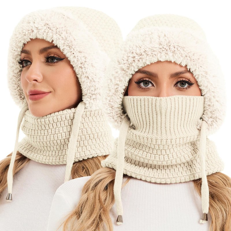 Sumolux 3 in 1 Beanie Hat for Women with Fleece Lined Scarf and Mask Outdoors Windproof Knitted Ski Mask Set