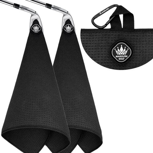 2-Pack Magnetic Golf Towel with Clip, Soft Microfiber Waffle Design - Industrial Strength Magnet for Strong Hold to Golf Bags, Carts & Clubs - Black