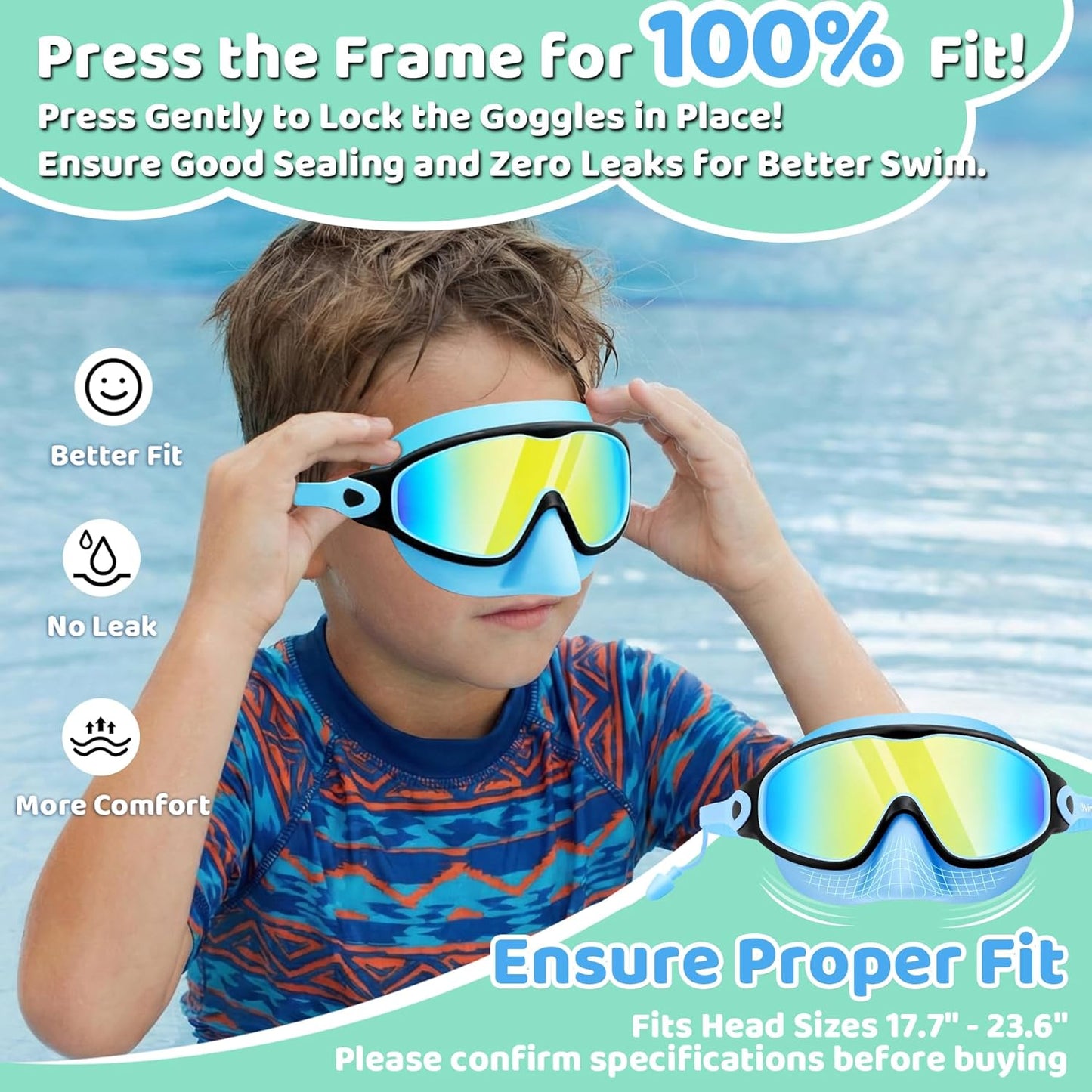 Vvinca Kids Swim Goggles - Anti-Fog Wide View with Nose Cover & Earplugs | Ages 3-12