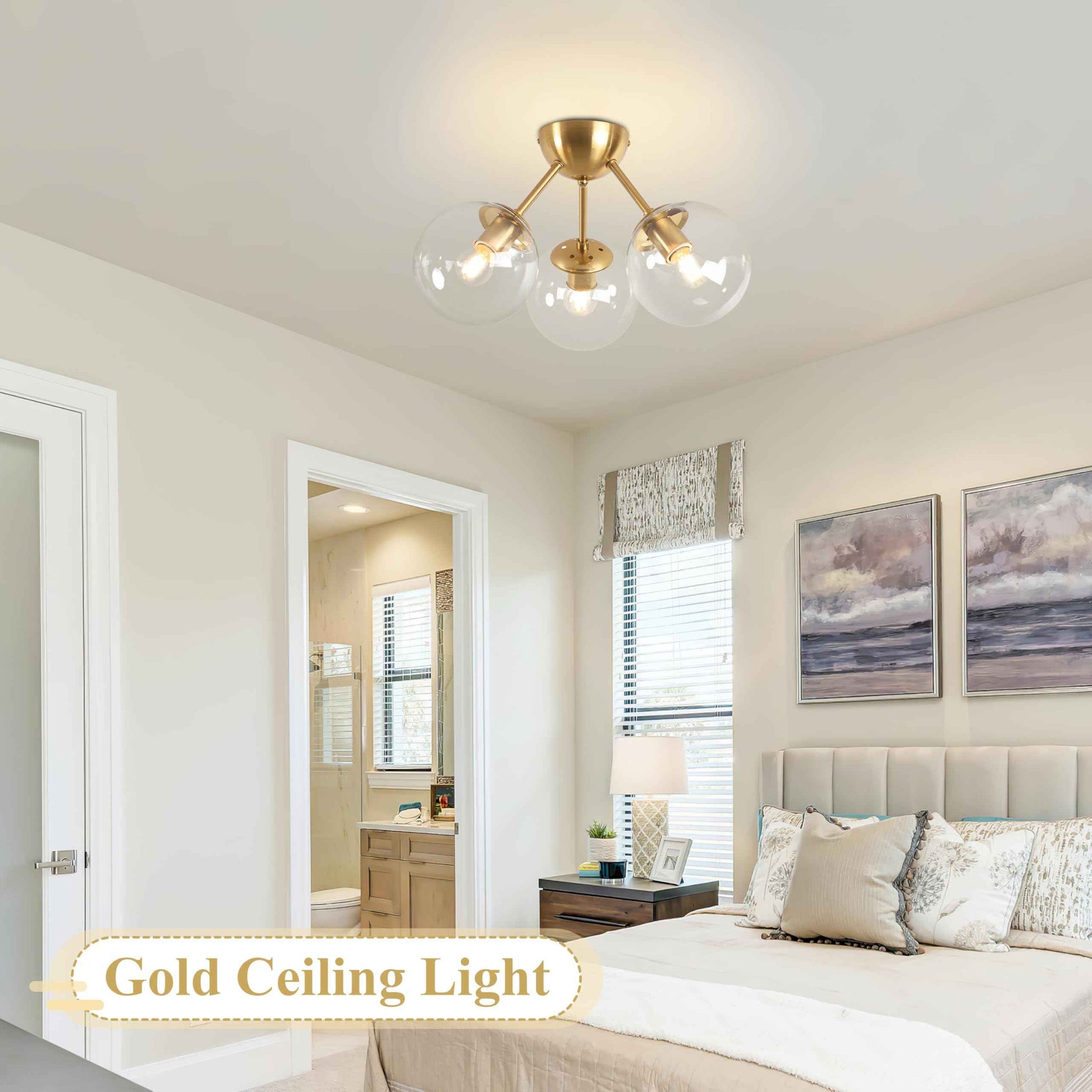 Bagood Mid-Century Modern Semi Flush Mount Ceiling Light 3 Lights Clear Glass Modern Globe Ceiling Light Gold Brass Sputnik Chandeliers for Hallway Entryway Kitchen Bedroom Laundry(Bulb Incl.)