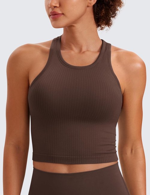 CRZ YOGA Seamless Ribbed High Neck Crop Tank Top - Longline Racerback Padded Sports Bra for Women