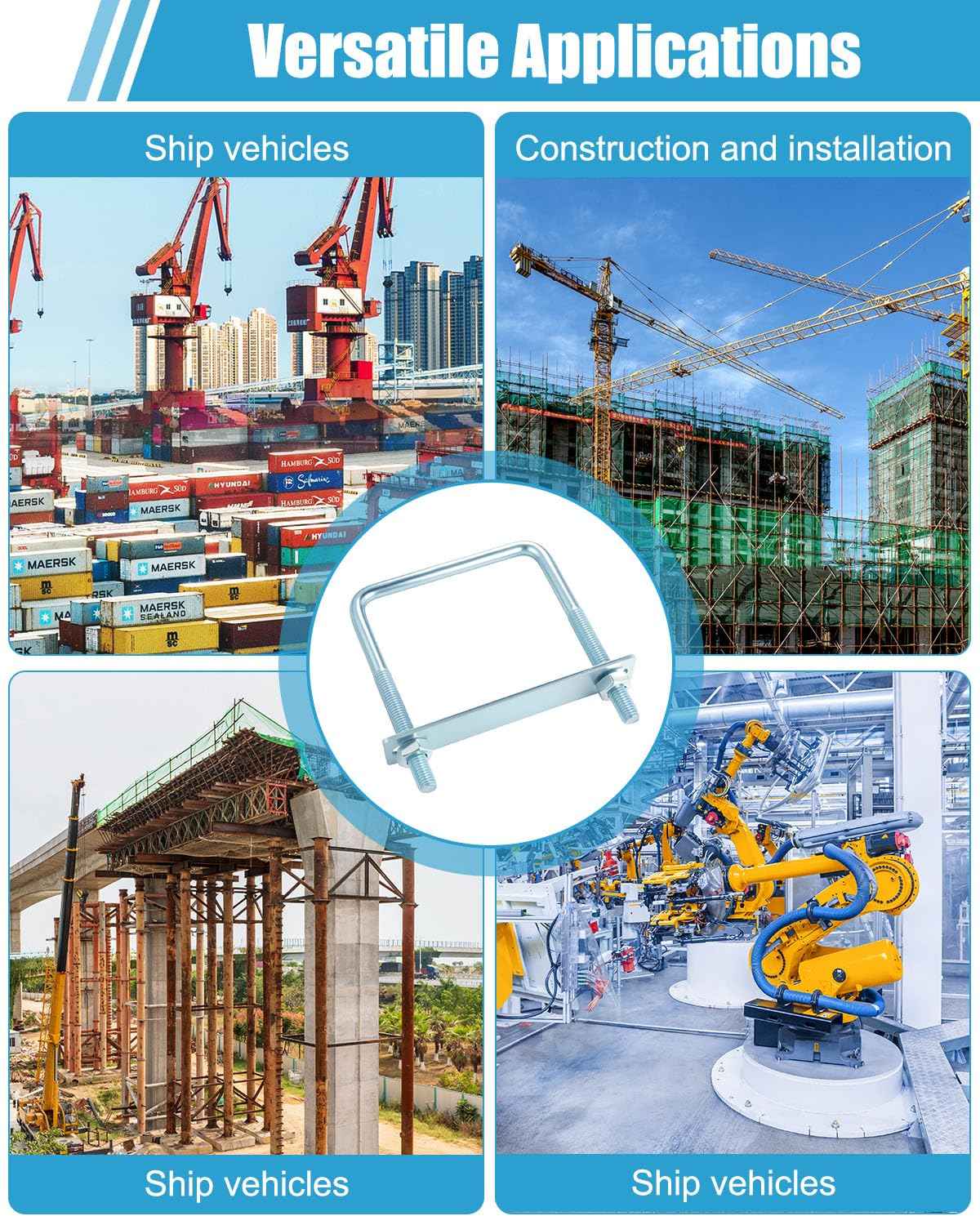 AOKLIT 6 Pcs U Bolts 4 Inch Wide Zinc Plated, Square U Bolt Carbon Steel for Sailboat Trailers, Tube, Industrial Supplies(3/8" x 4" x 5"')