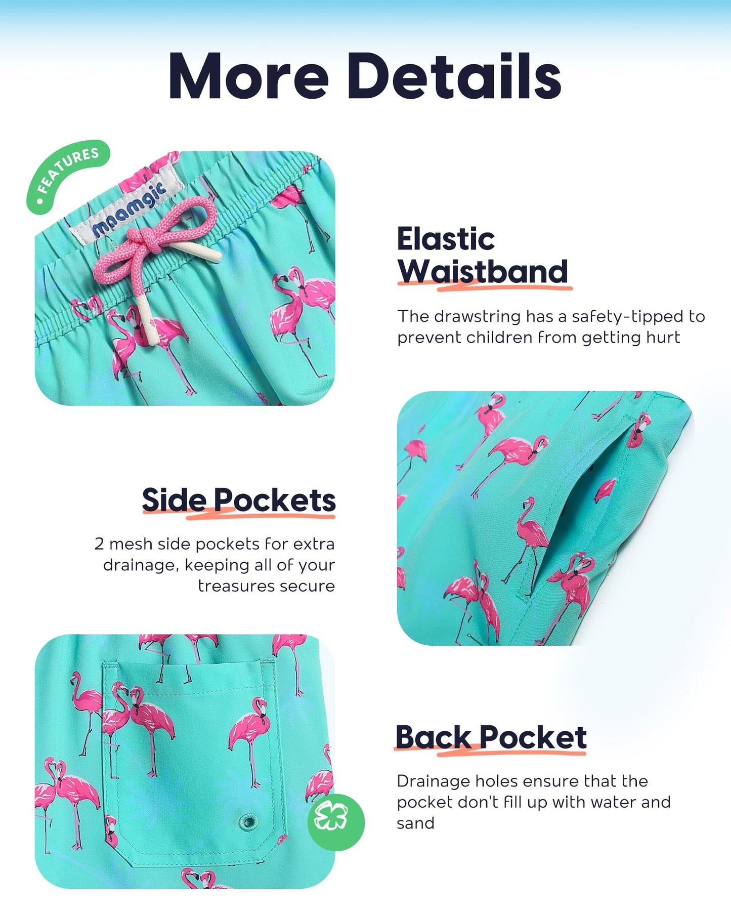 maamgic Boys Swim Trunks with Compression Liner Toddler Stretch Swim Shorts Quick Dry Swimming Trunks Boxer Brief 2 in 1 Beach Shorts Blue Flamingos 10/12