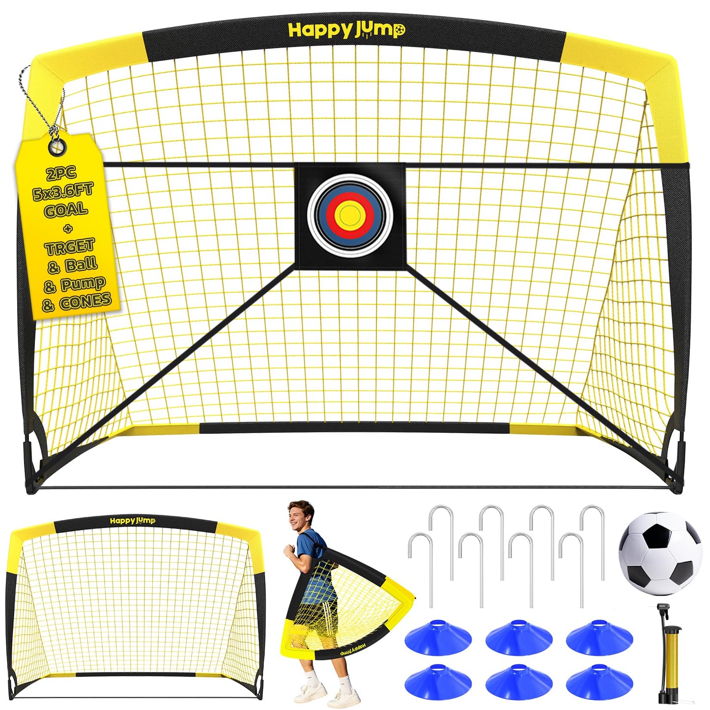 Happy Jump Folding Soccer Goal for Backyard, 2.1 x 1.5 Meters, 1.5 x 1.1 Meters, 1.2 x 0.9 Meters, 0.9 x 0.7 Metres