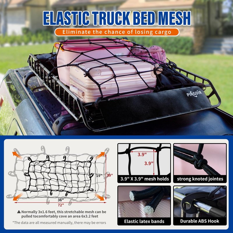 PINGDIR roof Rack Basket Rooftop Cargo Carrier 46"*36" ，Cargo Net with Attachment Hooks,
