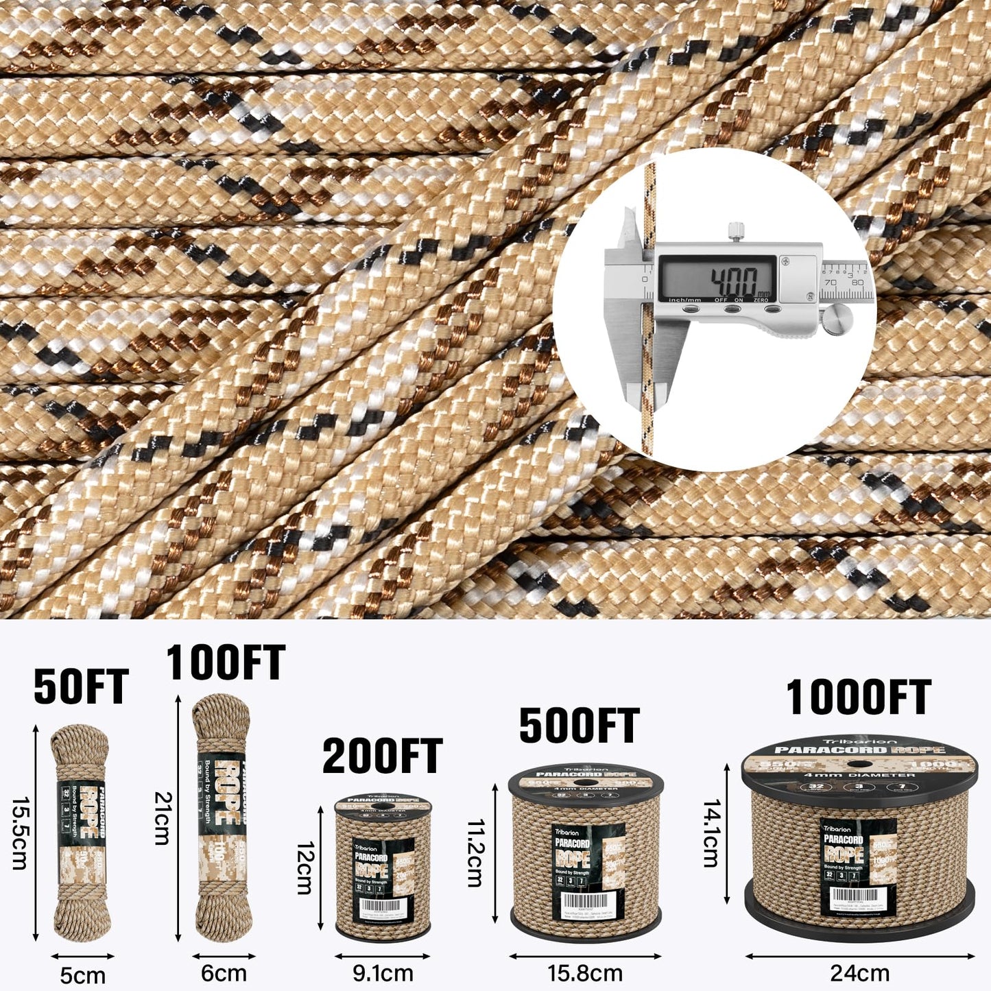 Paracord Rope 550 lb - 500ft 5/32" Parachute Cord 4MM 7-Strand para Cord - Heavy Duty Spool String for Survival,Camping Gear, Survival Bracelet, Clothesline - Desert Camo