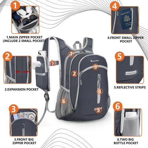 Seektop Expandable Small Hiking Backpack 12L-15L Lightweight Packable Waterproof Daypack with Phone Pocket for Women Men