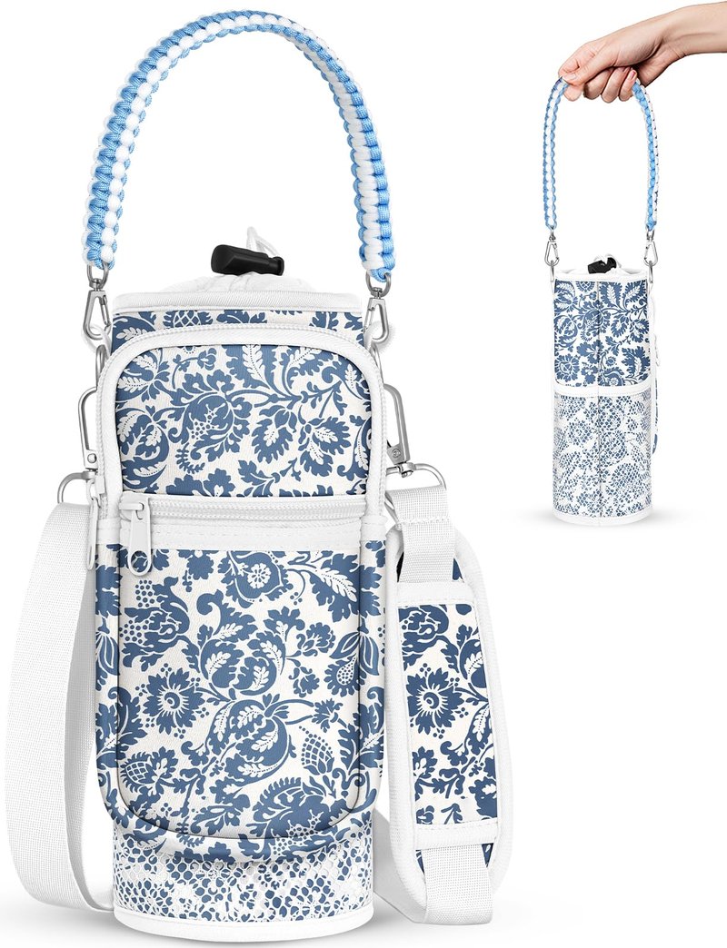 Toykee Under 32 oz Water Bottle Holder Bag with Strap - Crossbody & Woven Handle Sling for Carrier Walking with Phone Pocket Blue Flower