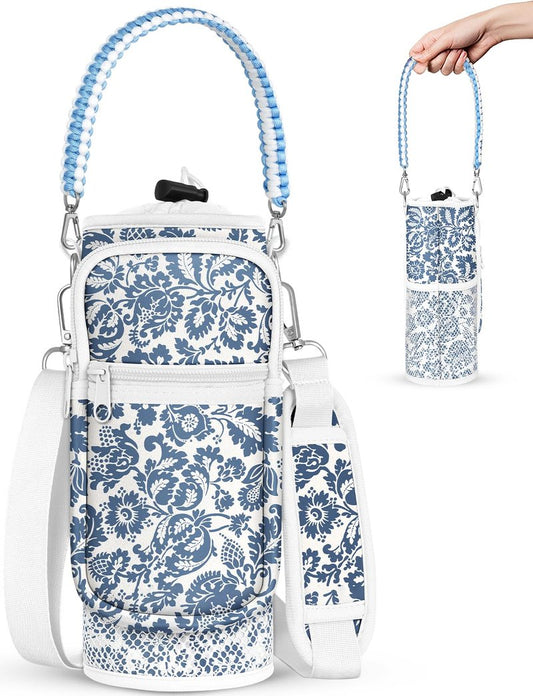 Toykee Under 32 oz Water Bottle Holder Bag with Strap - Crossbody & Woven Handle Sling for Carrier Walking with Phone Pocket Blue Flower