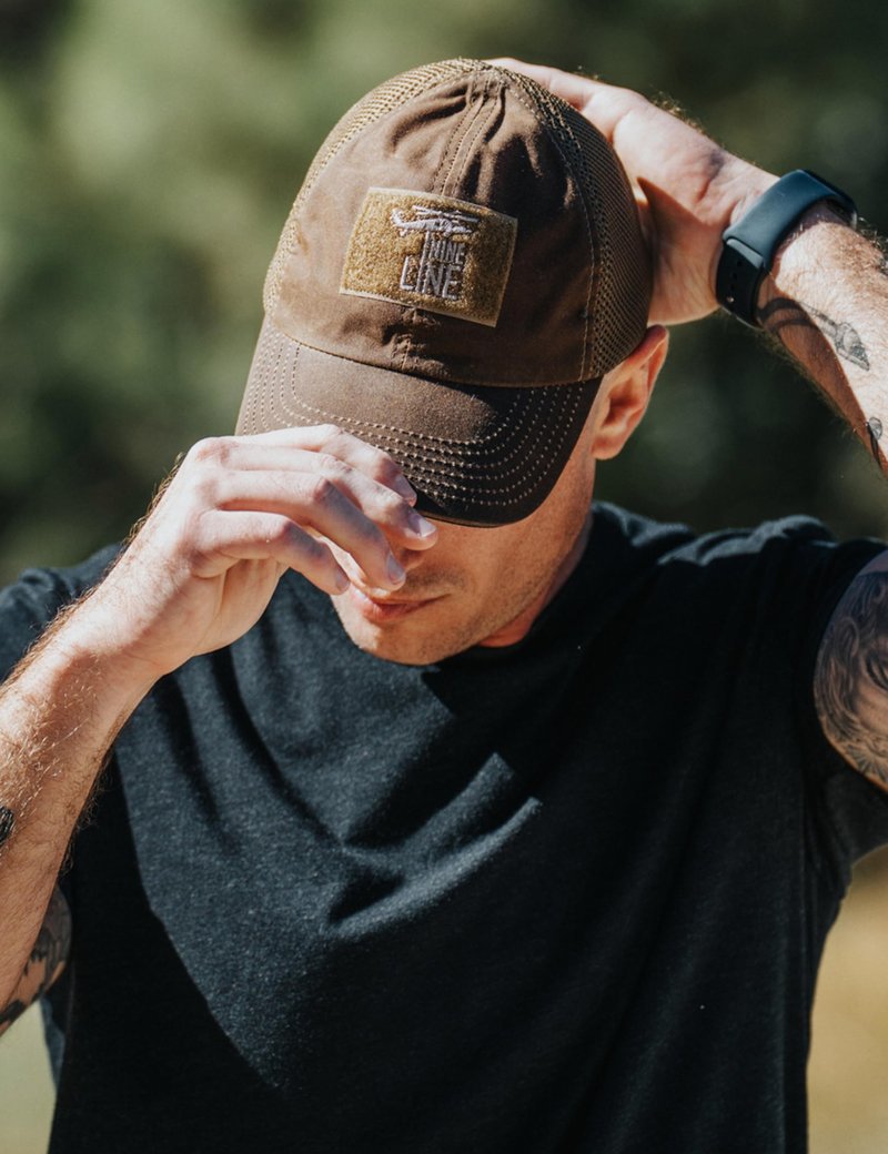 Nine Line Tan Mesh Back Hat with Dropline Logo, Adjustable Trucker Baseball Cap, Embroidered American Flag, Unisex Hat, USA Made