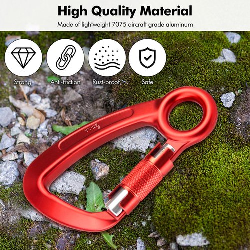 T-Fly Auto Locking Carabiner 35KN (7868 lbs), UIAA Certified 5.4" Climbing Rock Carabiner with Round Eyelet for Rappelling, Climbing, Ropes (Red)