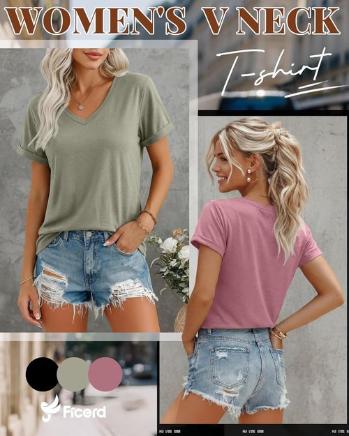 Ficerd Women's V-Neck T-Shirts - Casual Summer Short Sleeve Tops | 3-Pack Loose Fit Tees