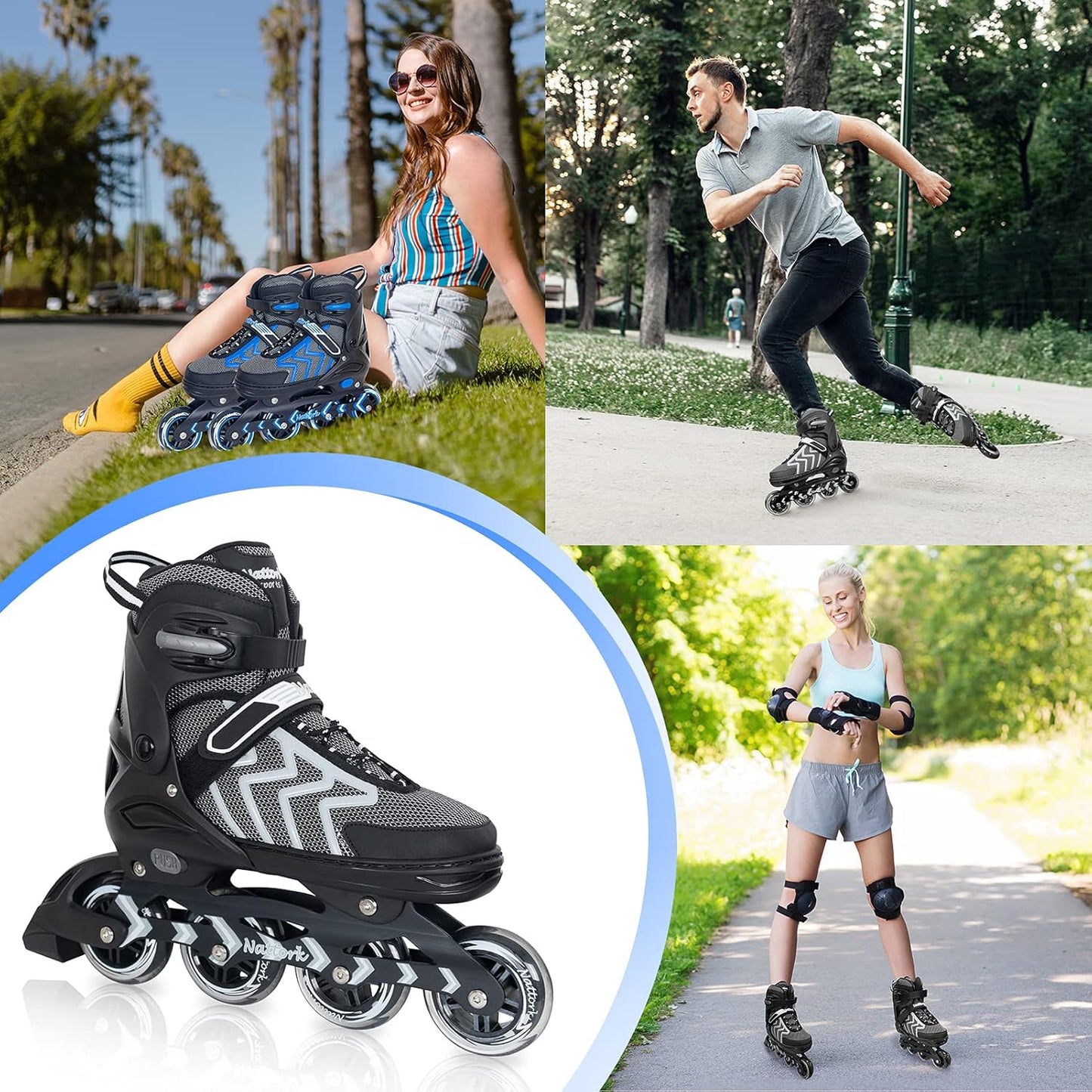 Nattork Adjustable Inline Skates - Perfect for Adults & Teens | Indoor & Outdoor Use, Ideal for Beginners