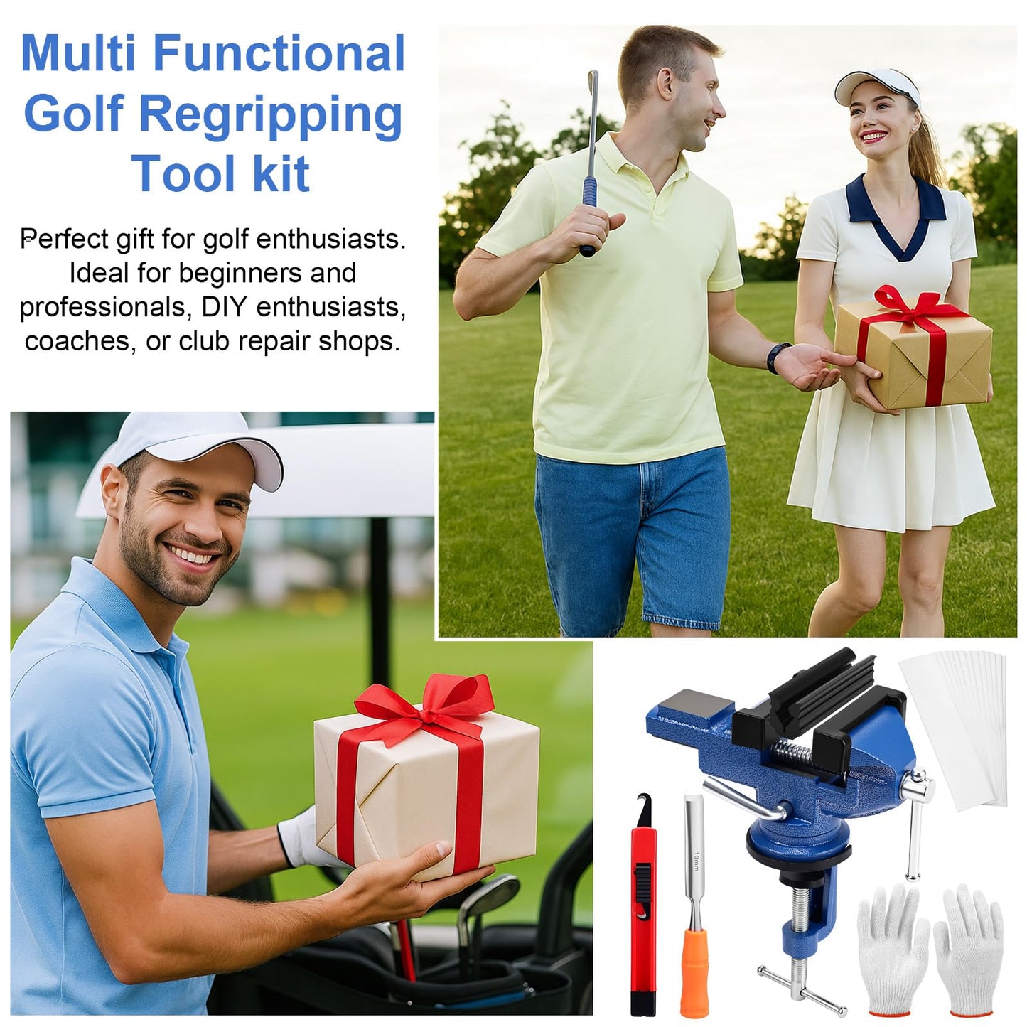 Lanties Golf Grip Kits for Repair Golf Clubs Heavy Duty Grip Removal Repair Tool Kit with 360° Portable Table Vise Rubber Clamp Hook Knife Double-Sided Tape Strips Tape Remover and Gloves(Blue)